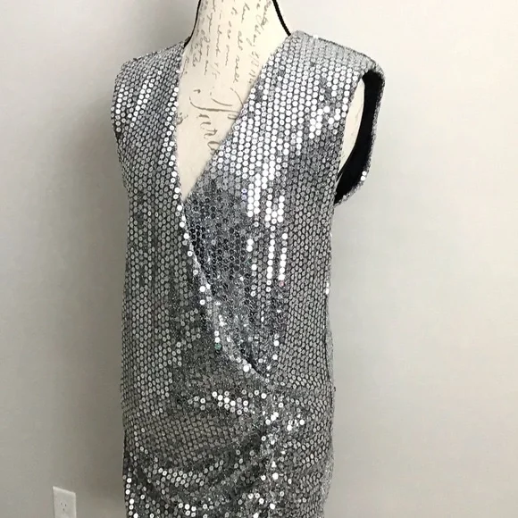 ZARA Draped Silver Sequin Dress - Picture 3 of 16